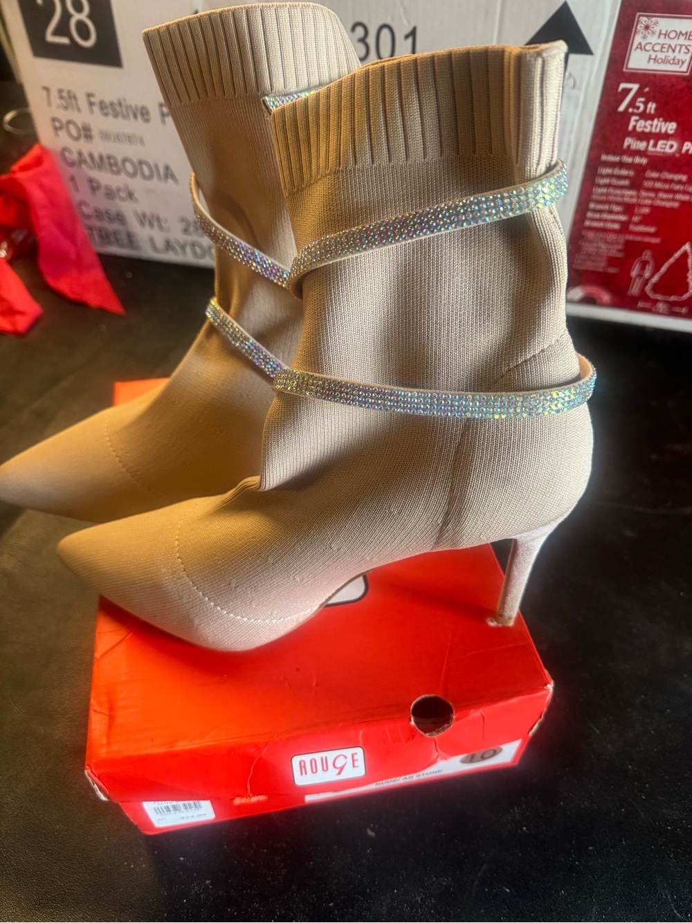 Rouge Helium Beige Stretch Sock Booties with Rhinestone Wrap Straps